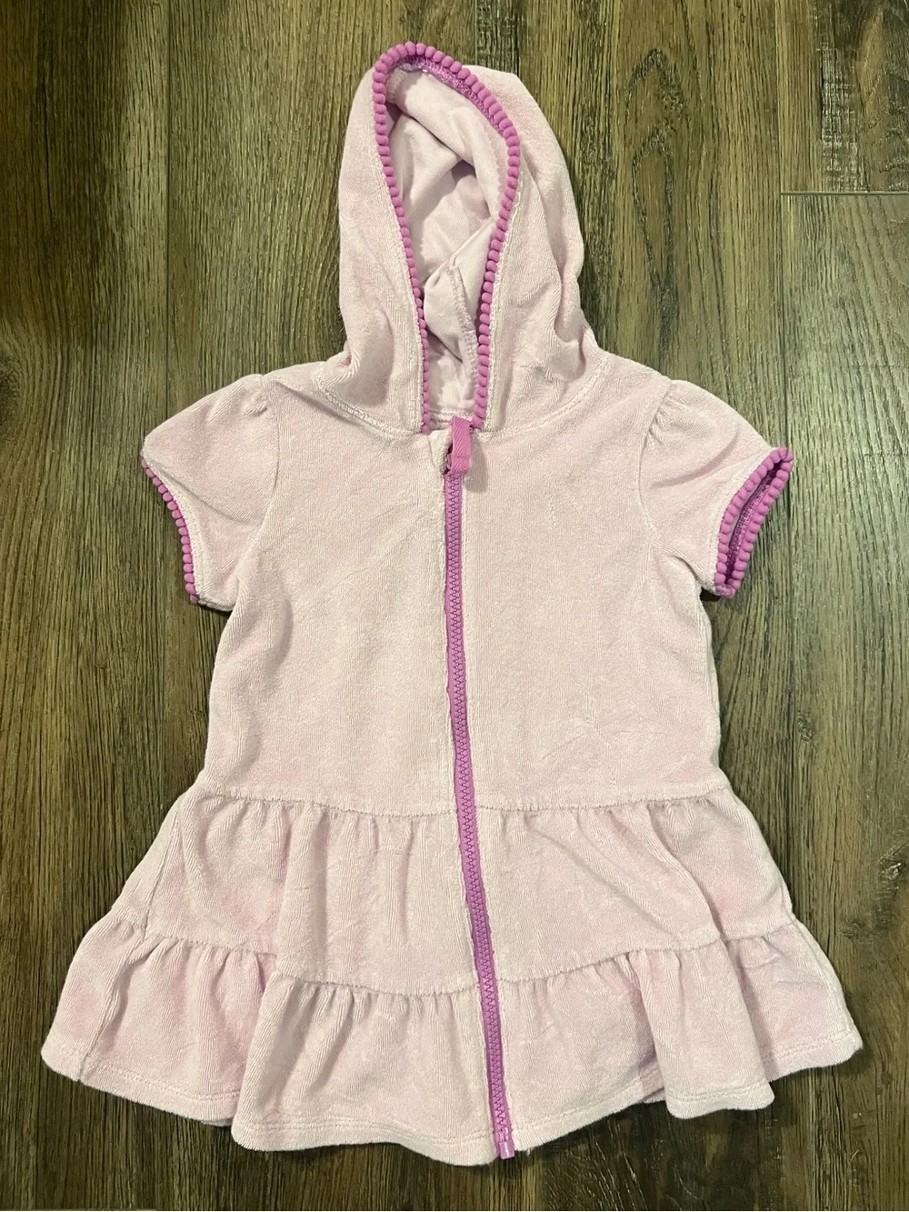 Pink Hooded Tiered Terry Coverup with Zip